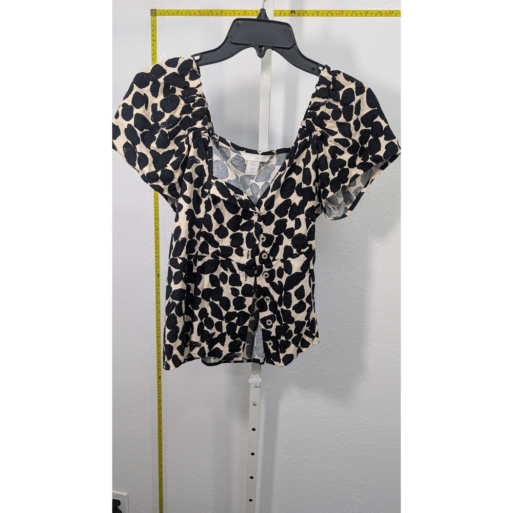 HM Womens XS Animal Print Puff Sleeve Button Front Blouse Black Cream Sweetheart